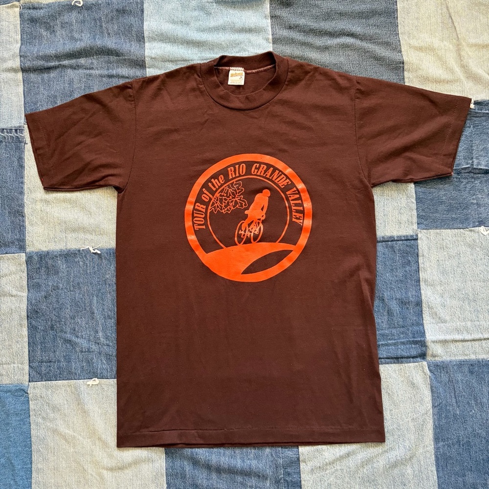 vtg 80s rio grande mountain biking tshirt orange brown sportswear tag size M